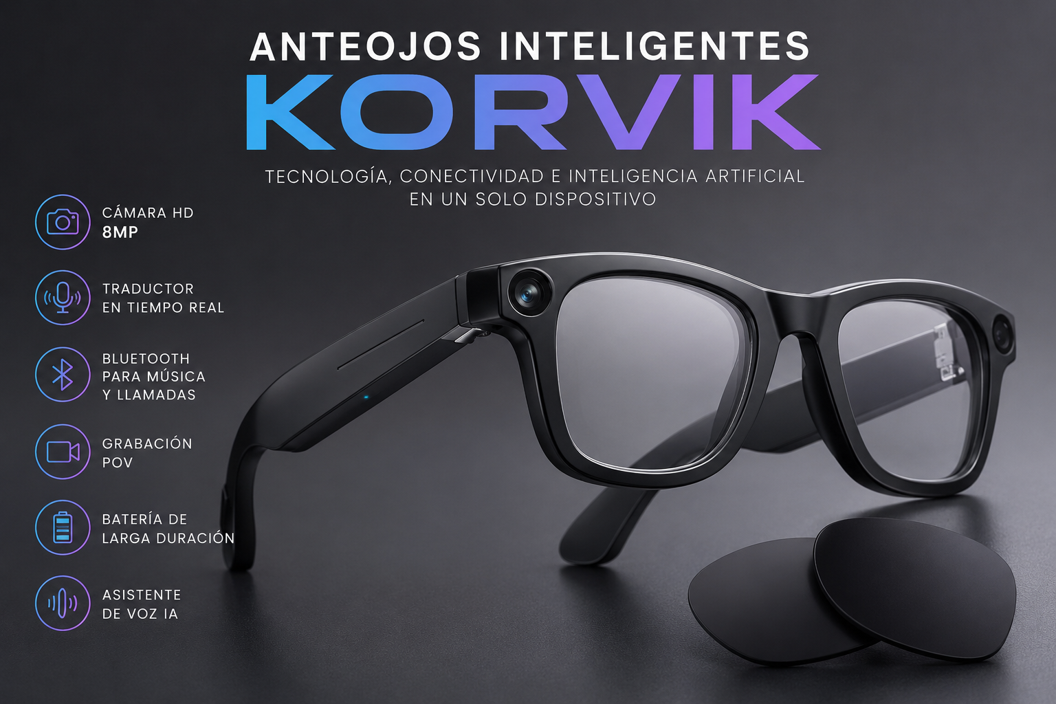 Anteojos Inteligentes con IA Korvik: La Nueva Generación de Gafas Inteligentes para Grabar, Traducir y Conectarte